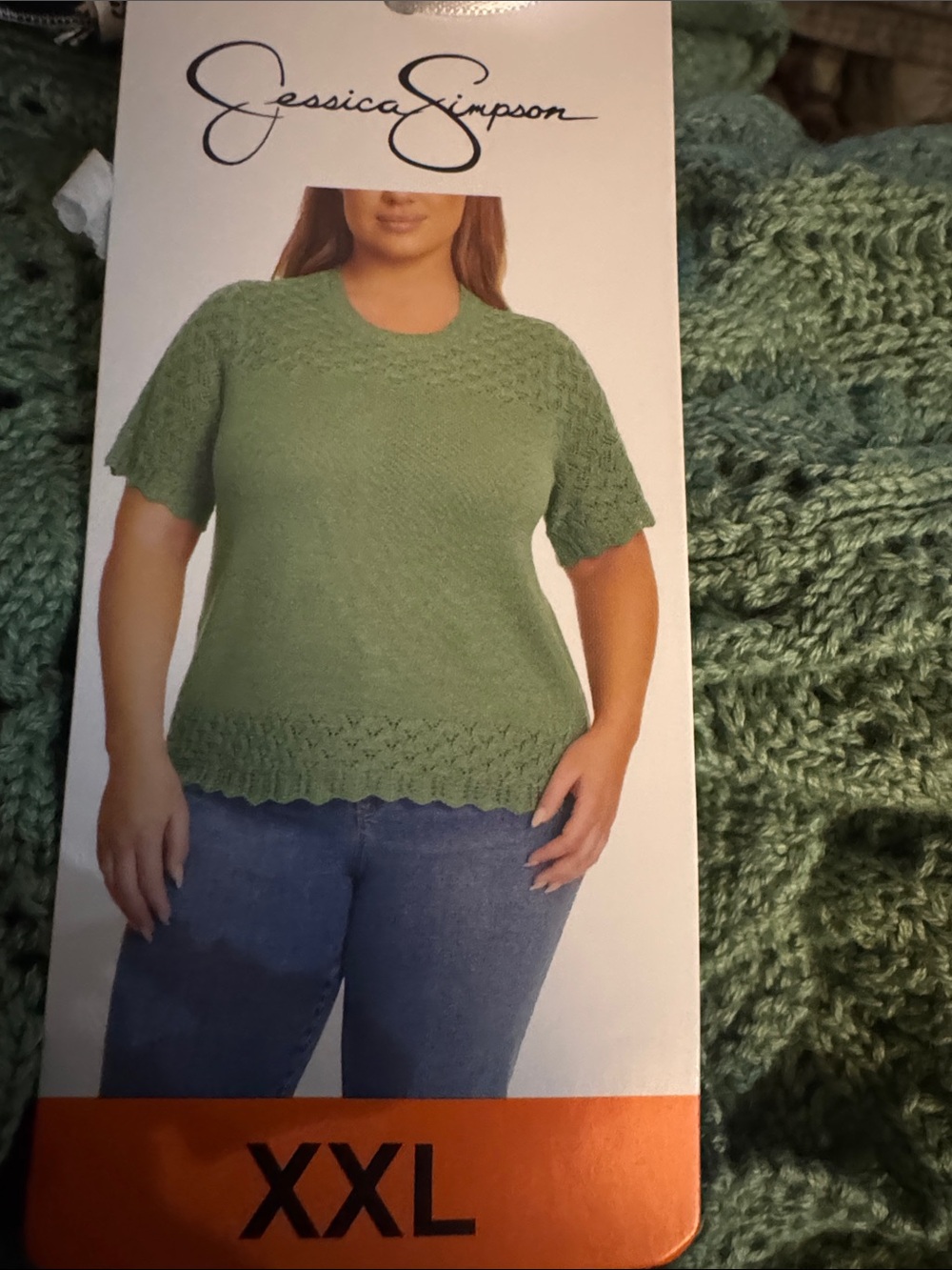 Jessica Simpson Sage Green Lace-Trim Short Sleeve Knit Top